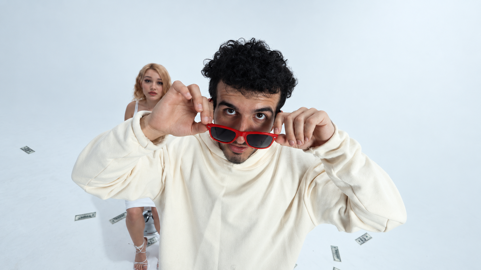 Aram Shkur wearing red sunglasses in the Bayda visual campaign